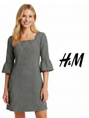 NWOT Grey Houndstooth Bell Sleeve Shift Dress Twik by Simmons